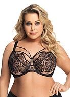 Soft cup bra, sheer mesh, straps over bust, eyelash lace, D to M-cup